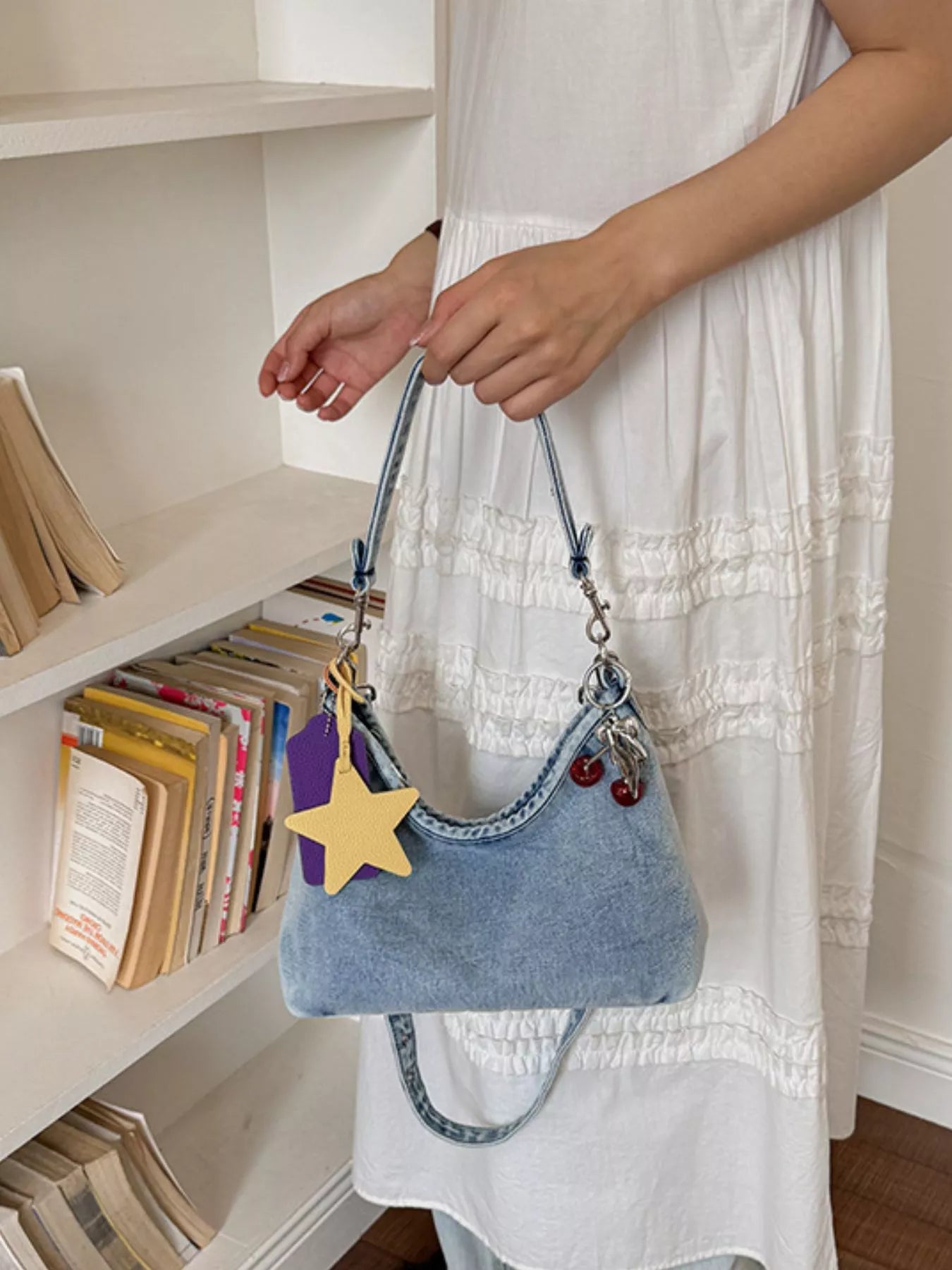 Star Charm Denim Shoulder Bag