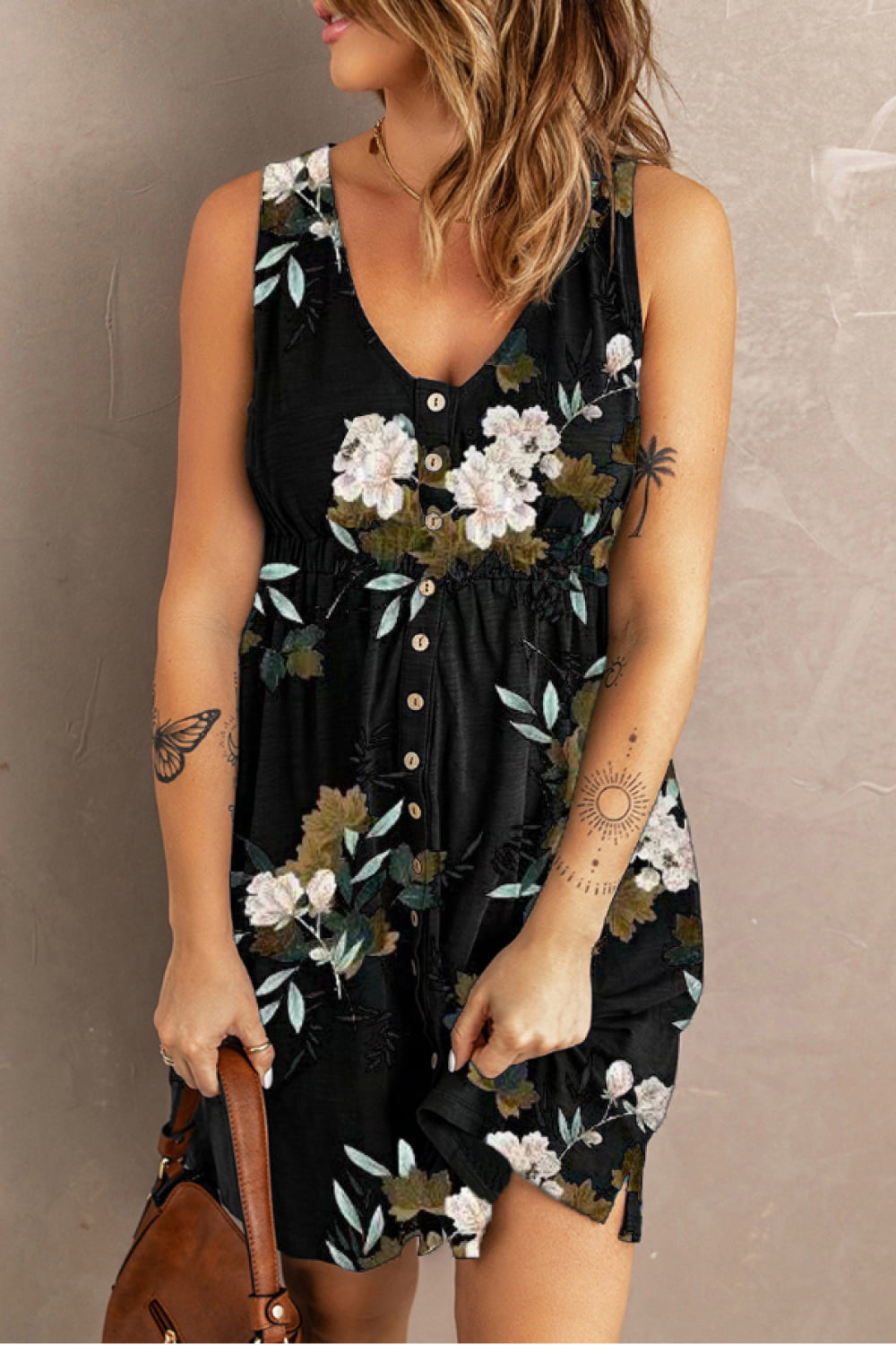 Double Take Printed Sleeveless Front Button Ruched Waist Side Slit Casual Magic Dress with Pockets