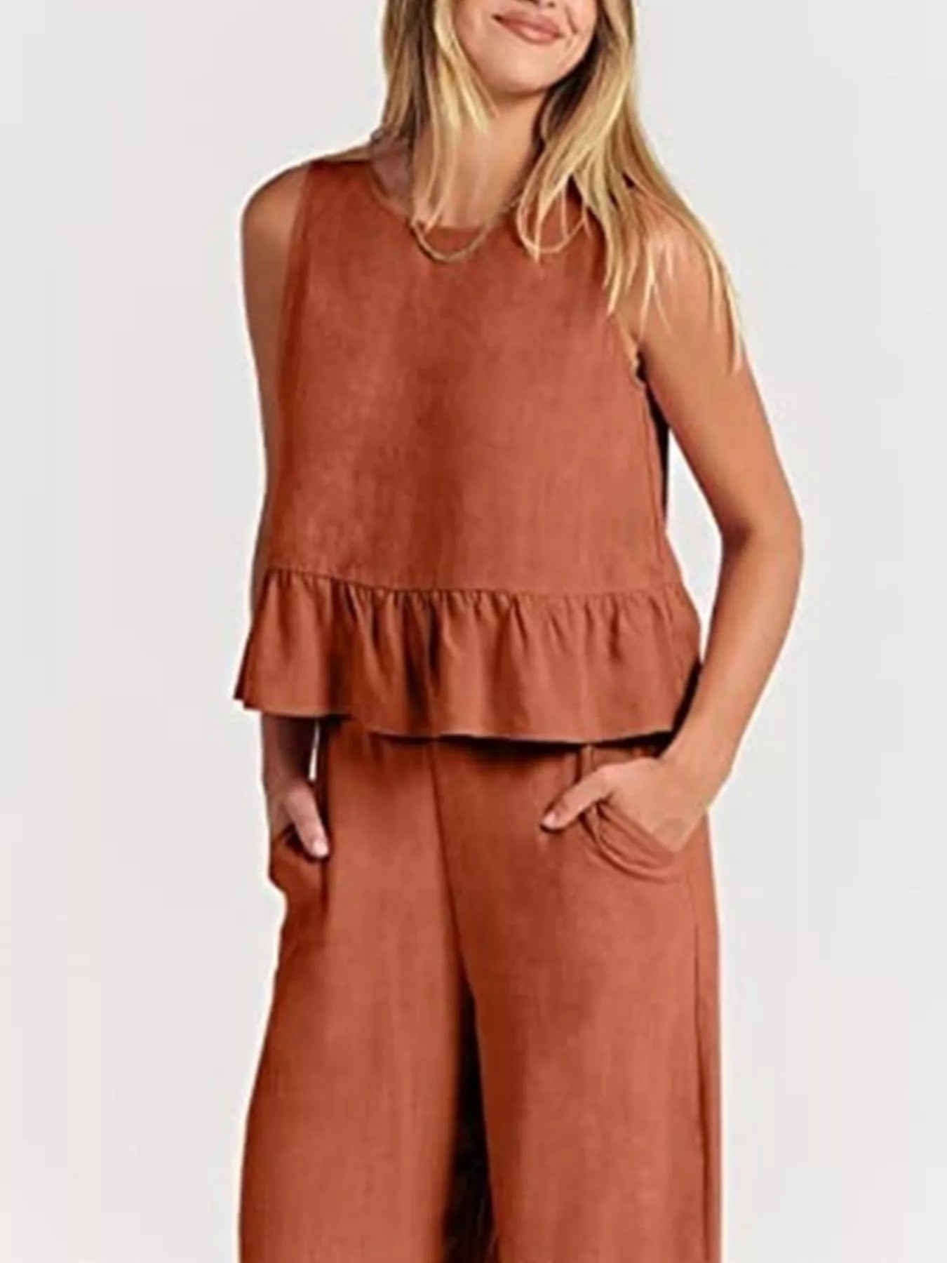 Full Size Ruffled Hem Sleeveless Top and Wide-Leg Pants Set Plus Size