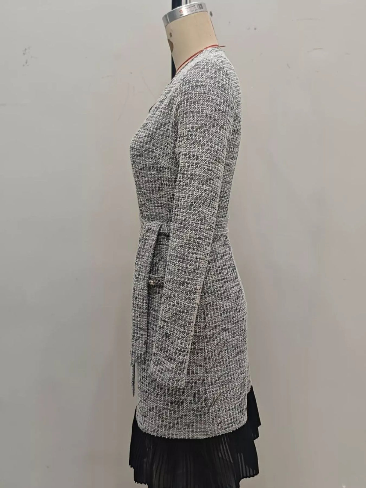 Elegant Long Sleeve Belted Shift Dress with Ruffled Hem