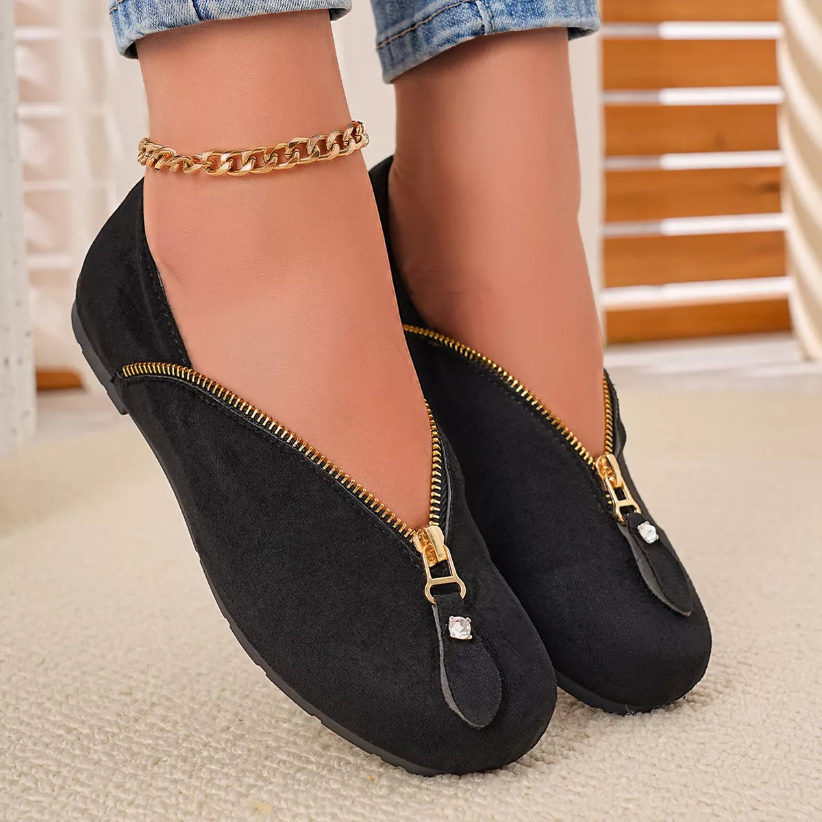 Chic Zipper Detail Flats Slip‑Ons
