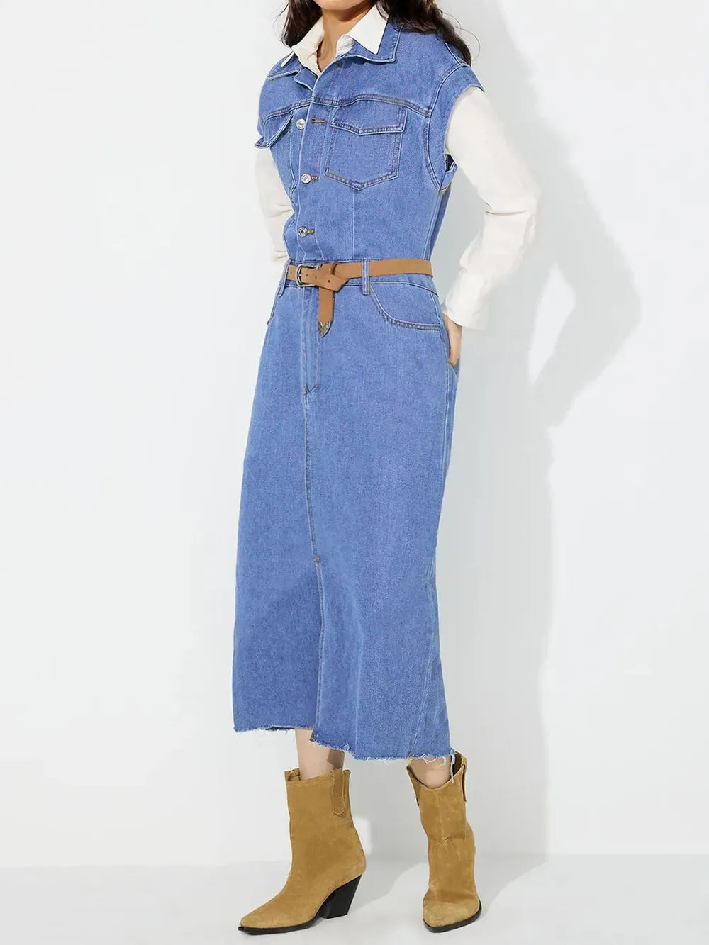 Slit Half Button Collared Neck Cap Sleeve Denim Dress