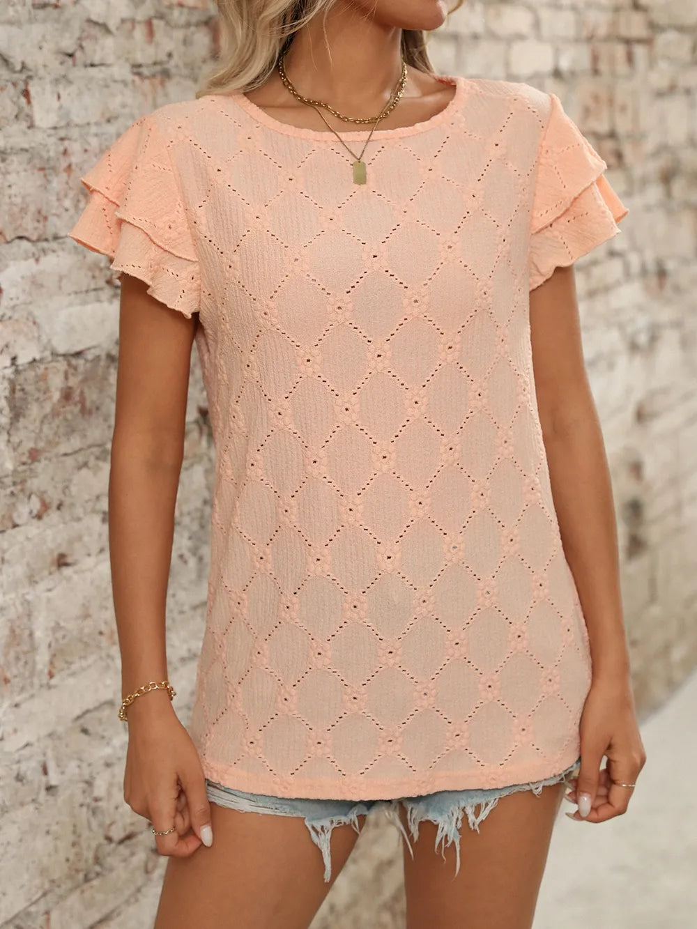 Eyelet Round Neck Double Layered Ruffled Short Sleeve Top
