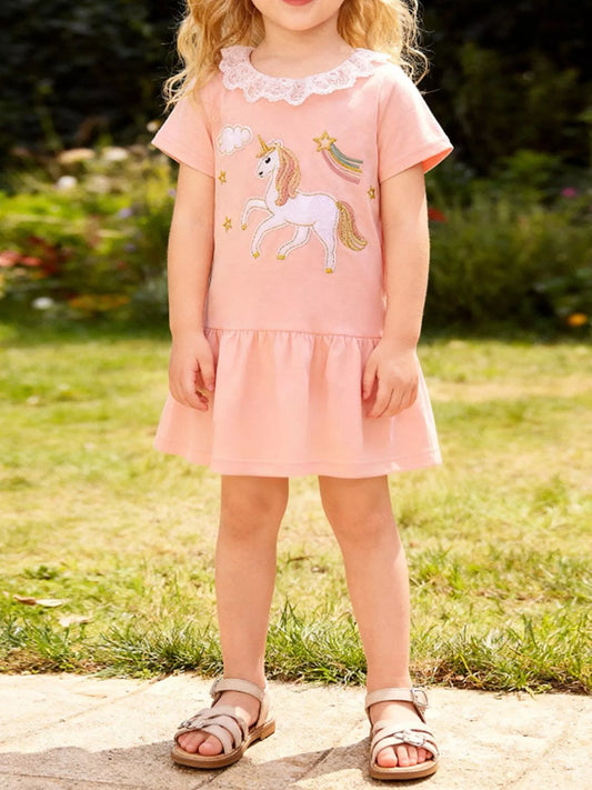 Children's Unicorn Embroidered Lace Collar Casual Dress