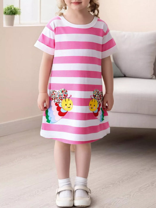 Children's Bee Embroidered Striped Casual Dress