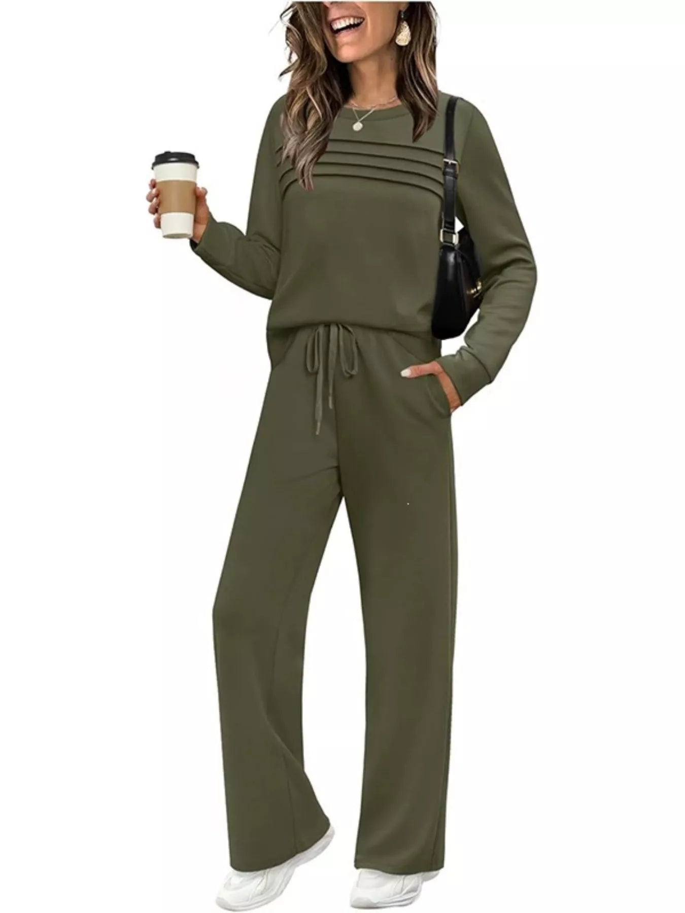 Full Size Casual Long Sleeve Crewneck Top and Drawstring Pants Set Plus Size