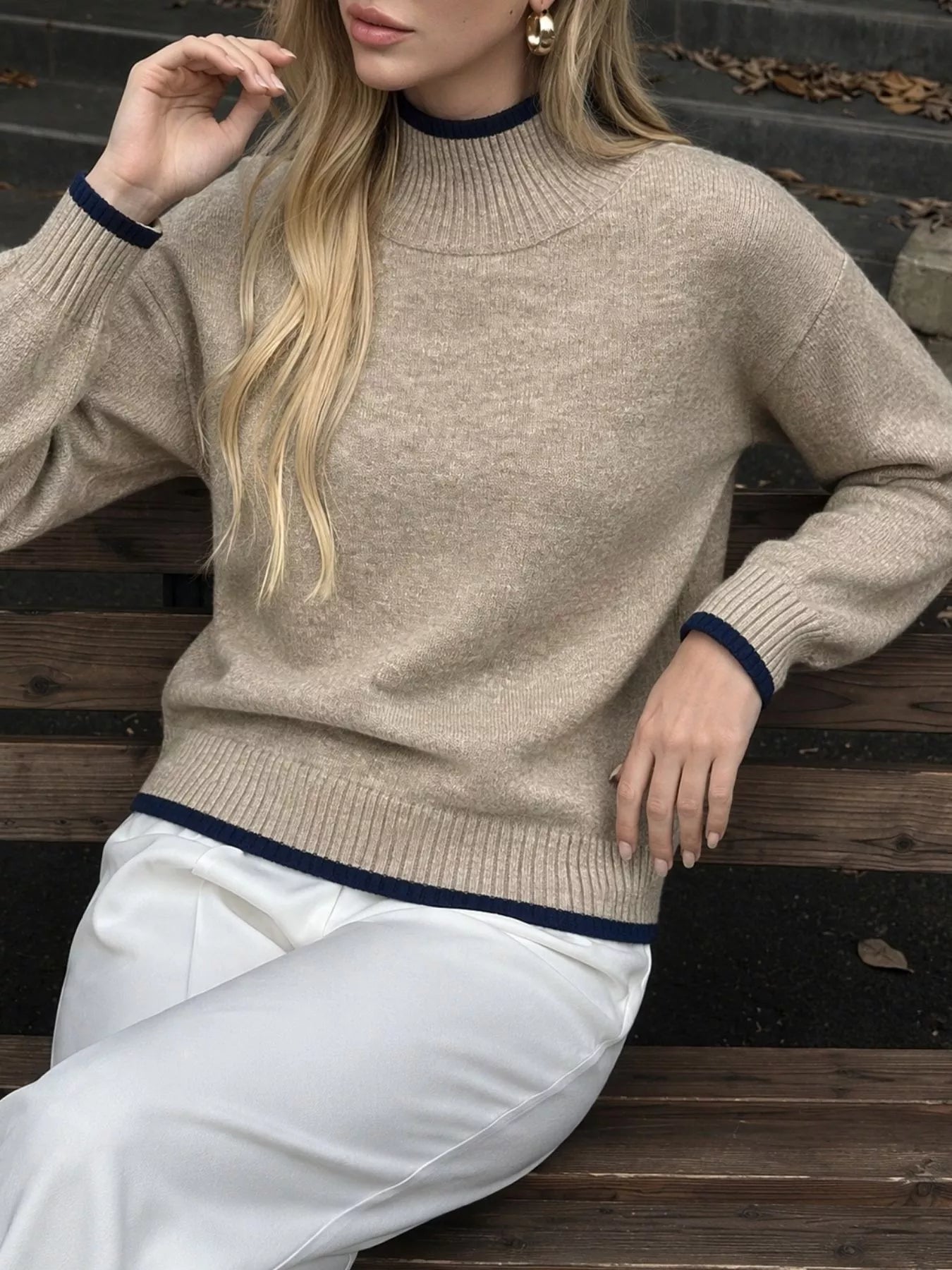 Cozy Mock Neck Sweater with Contrast Trim
