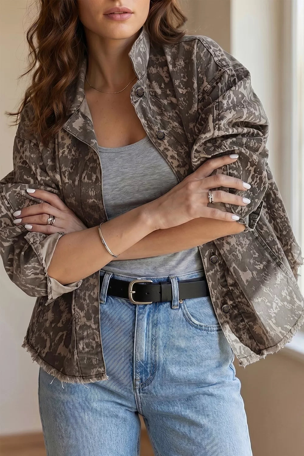 Abstract Print Long Sleeve Collar Raw Hem Denim Jacket