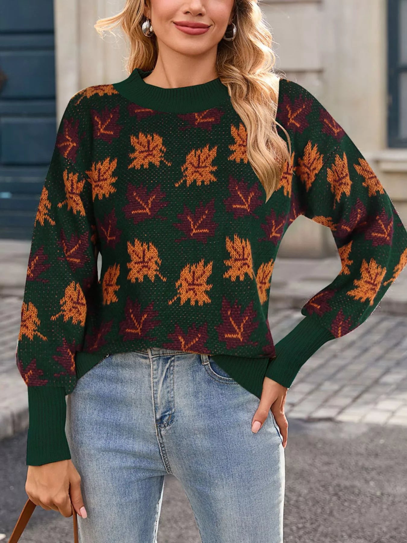 Autumn Leaf Pattern Mock Neck Sweater