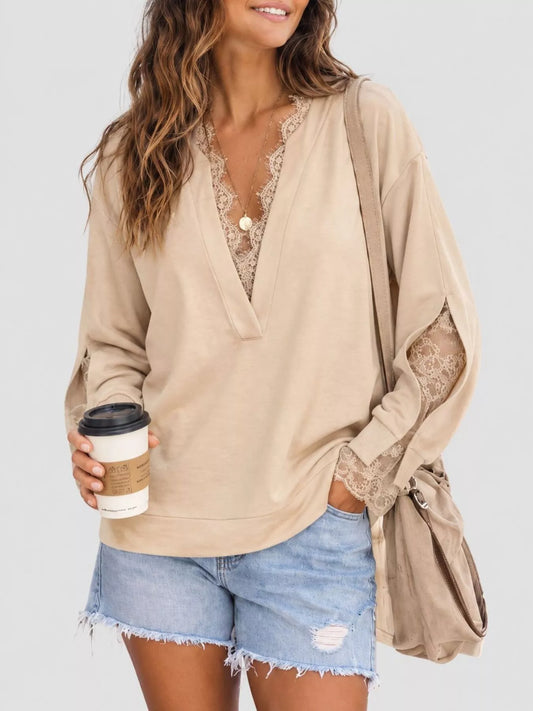 Lace Trim Split Sleeve Sweatshirt
