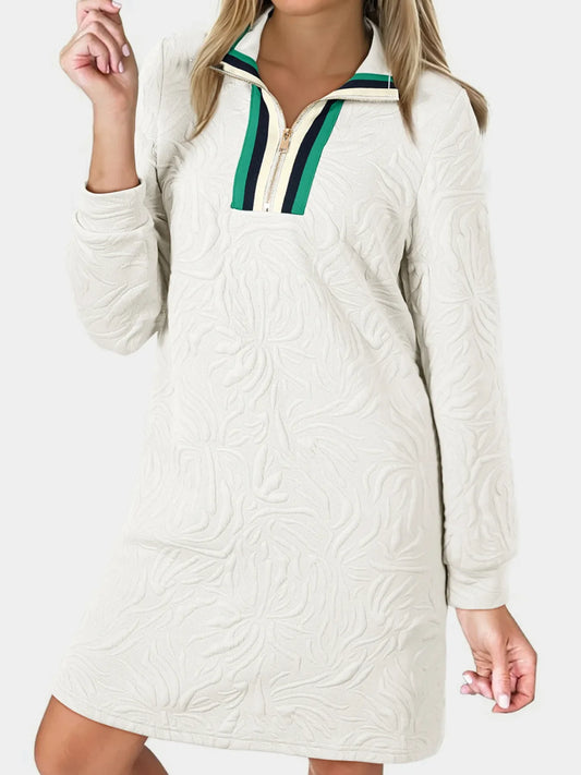 Jacquard Textured Quarter Zipper Shift Mini Dress
