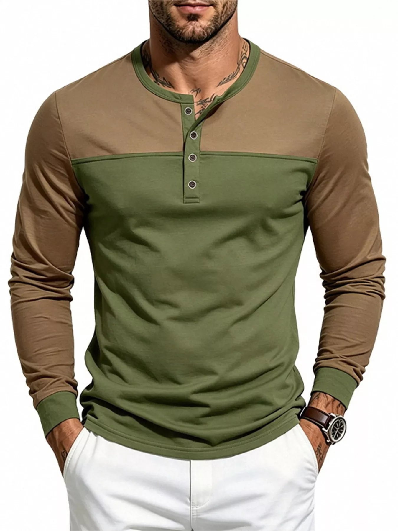 Men's Full Size Color-Block Long Sleeve Henley T-Shirt Plus Size