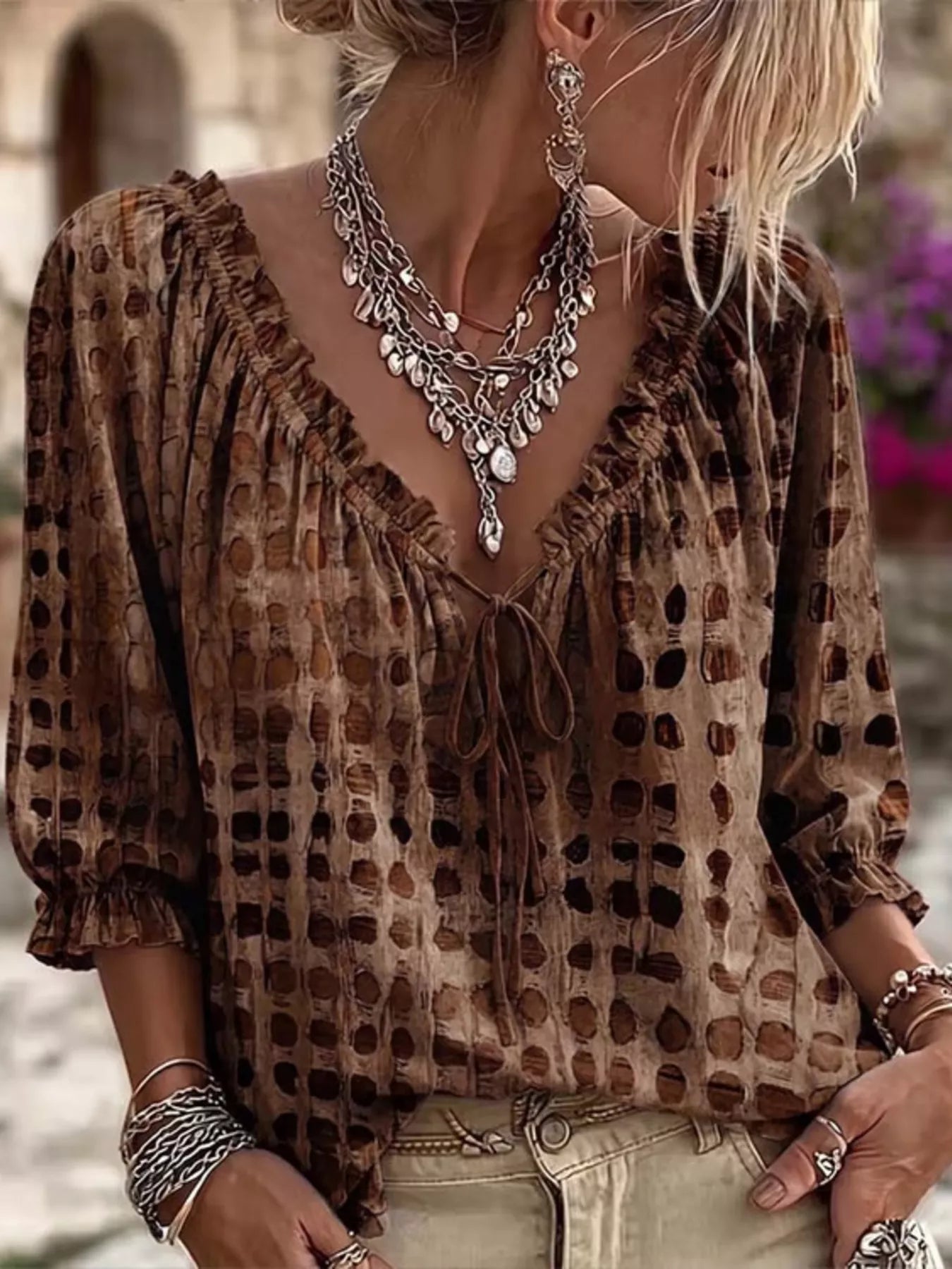 Full Size Tie Neck 3/4 Sleeve Blouse Plus Size
