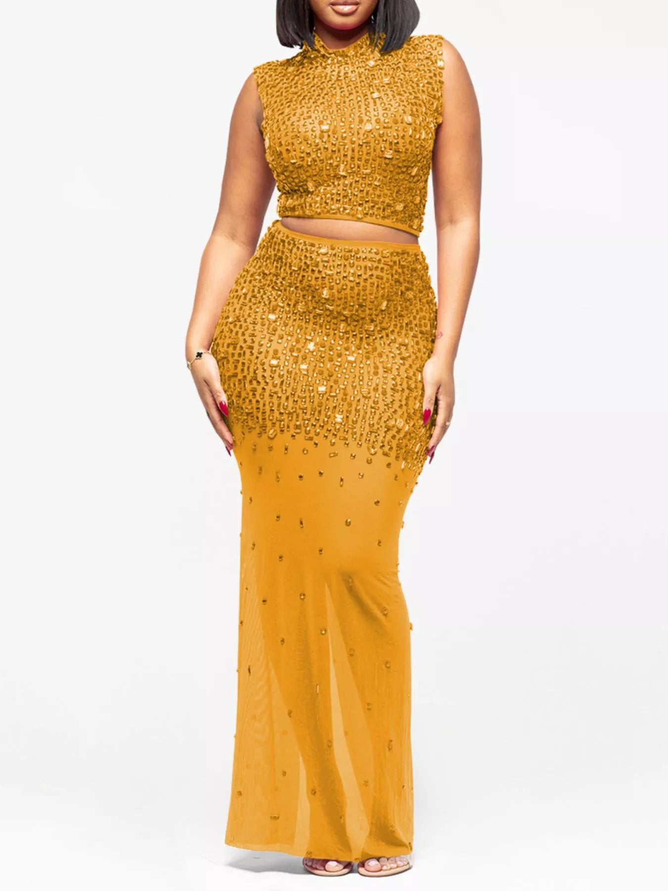 Rhinestone Sleeveless Top and Skirt Set
