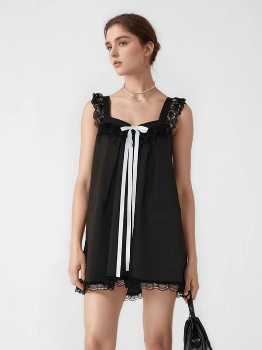Lace Detail Bow Sleeveless Mini Cami Dress