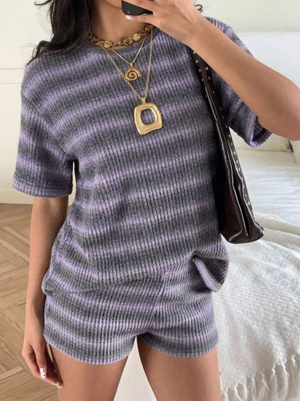 Striped Textured Knit Top and Shorts Set