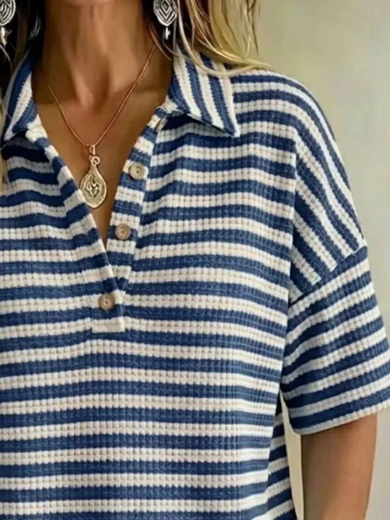 Full Size Contrast Striped Knit Polo Shirt Plus Size