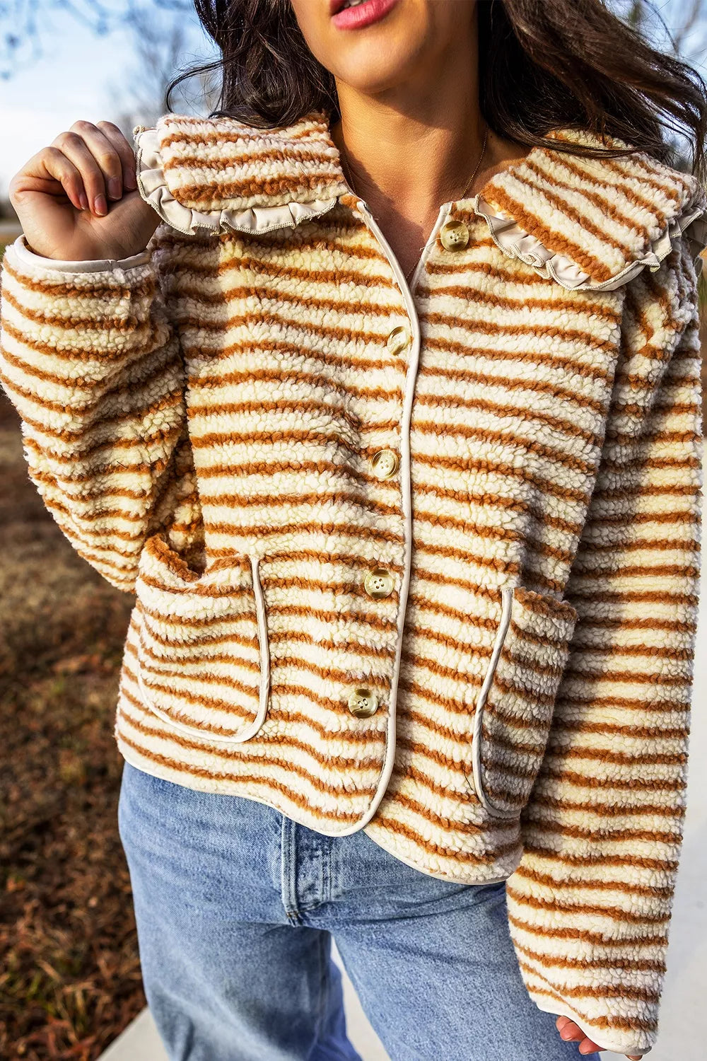 Striped Fleece Button Front Long Sleeve Regular Fit Jacket