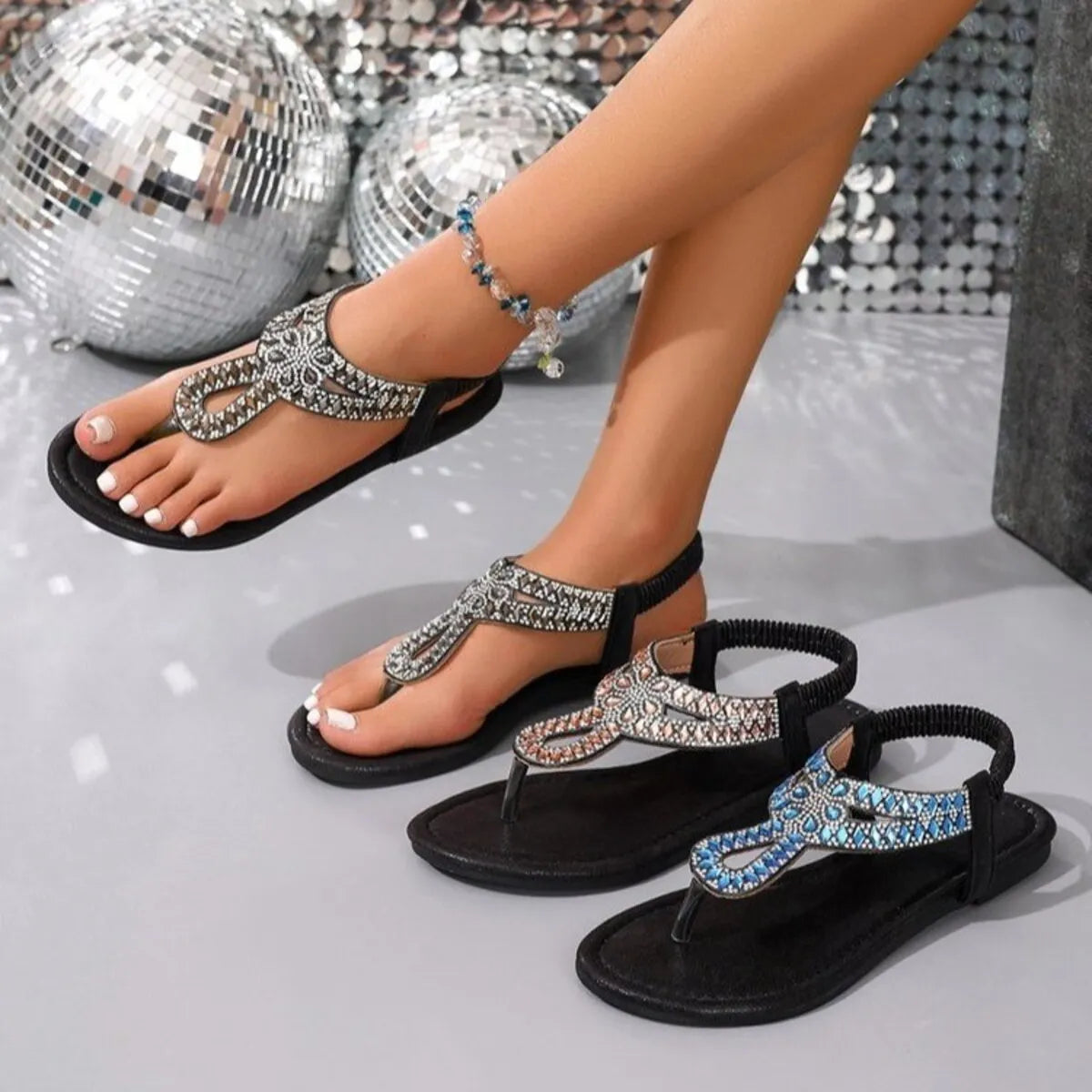 Rhinestone Toe Post Flats Sandals