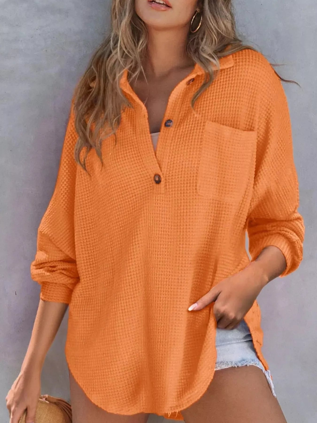 Casual Waffle Knit Button Detail Blouse