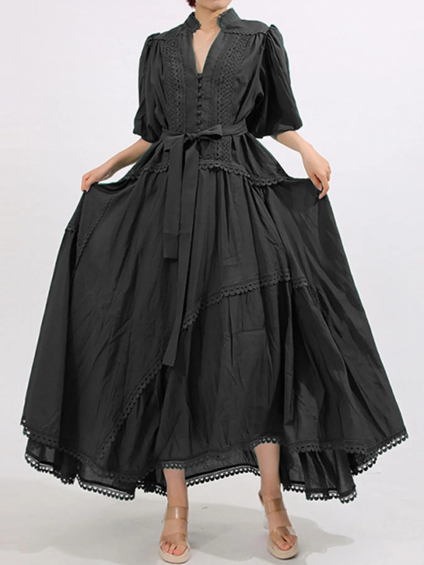 Lace Detail Notched Puff Sleeve Maxi Dress