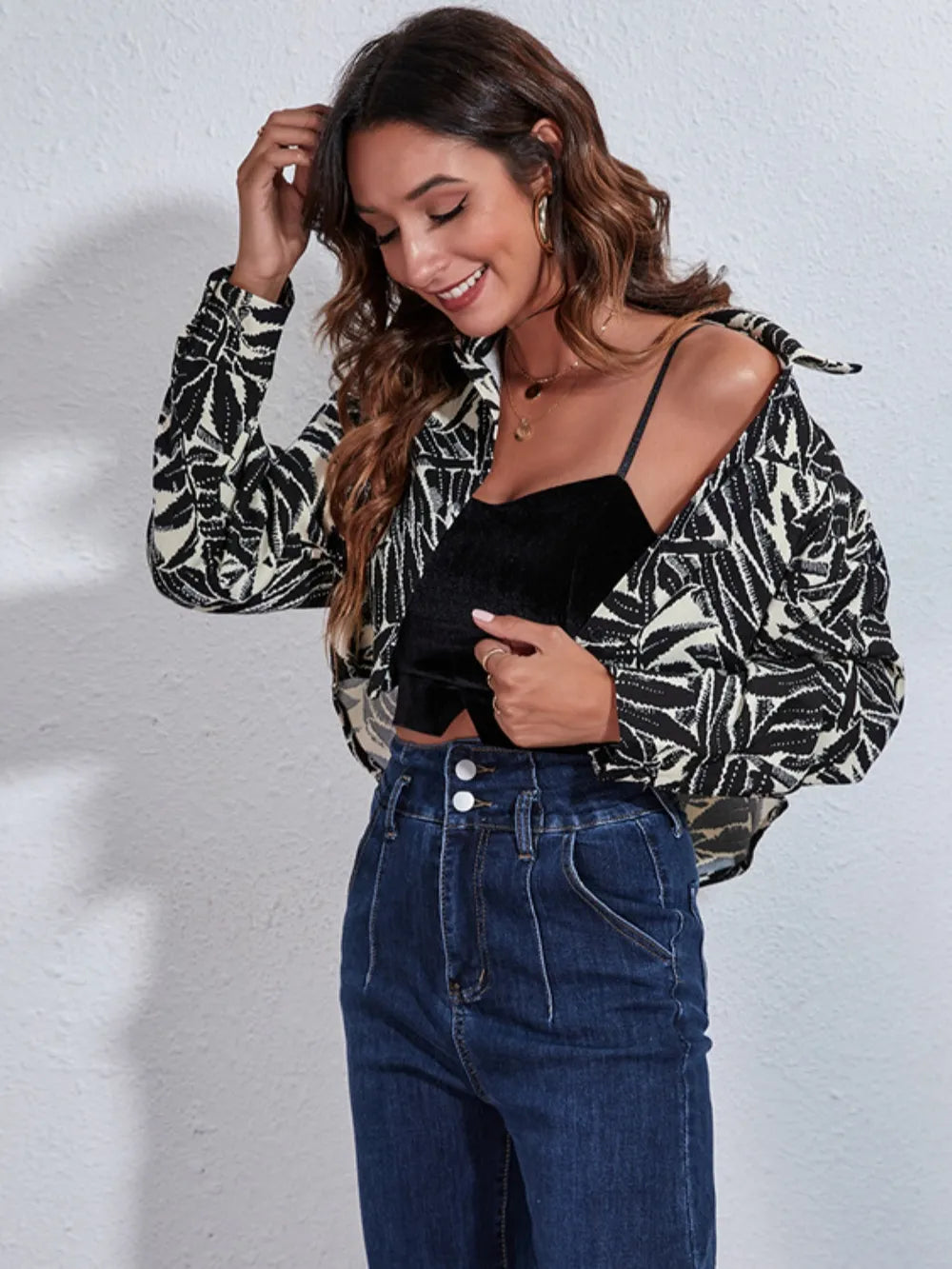 Button Down Printed Cropped Jacket
