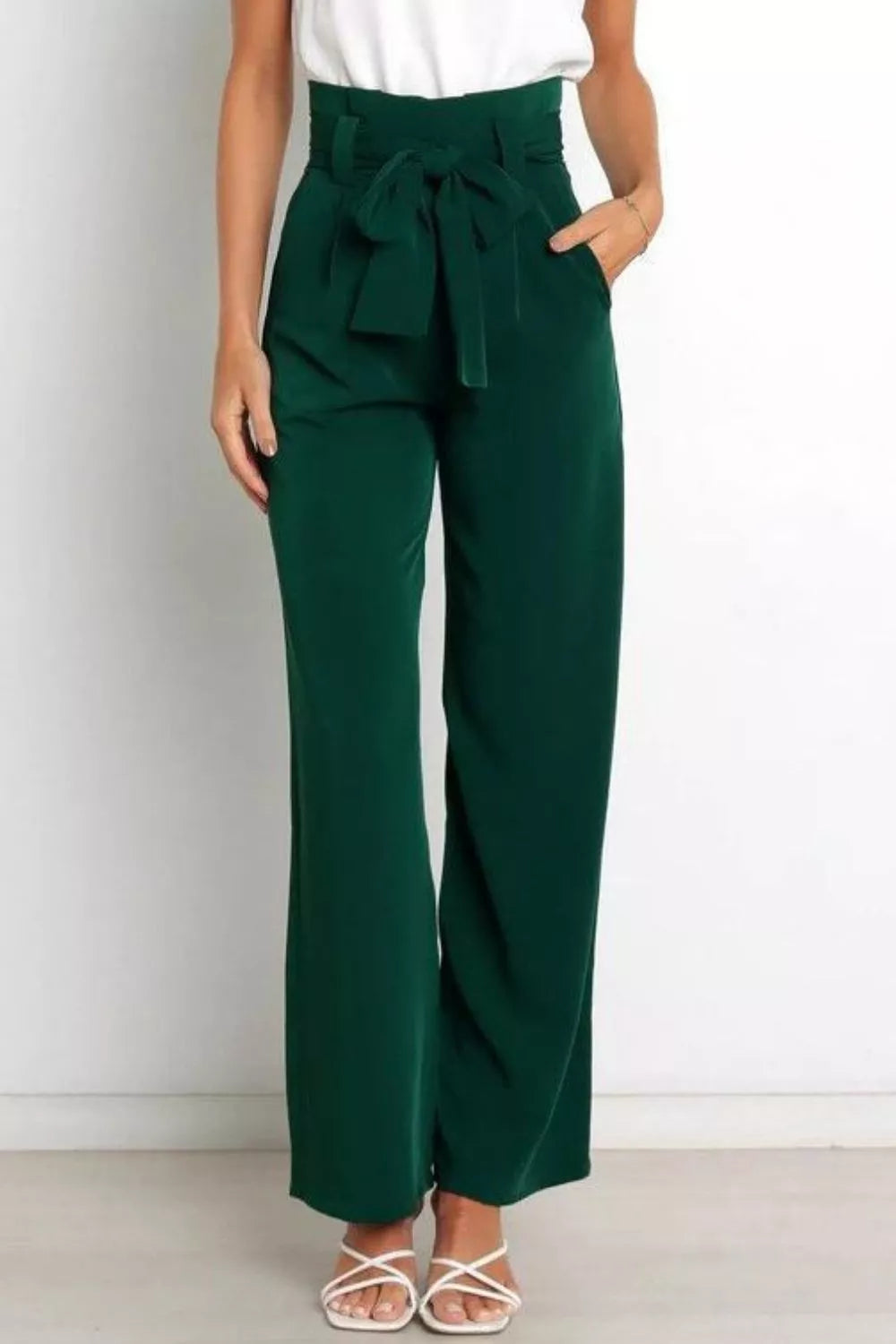 High Waist Tie Front Wide Leg Pants