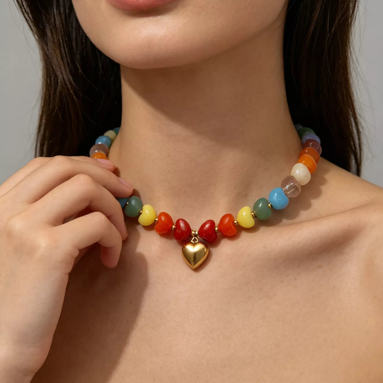 Colorful Heart Pendant Beaded Collarbone Necklace