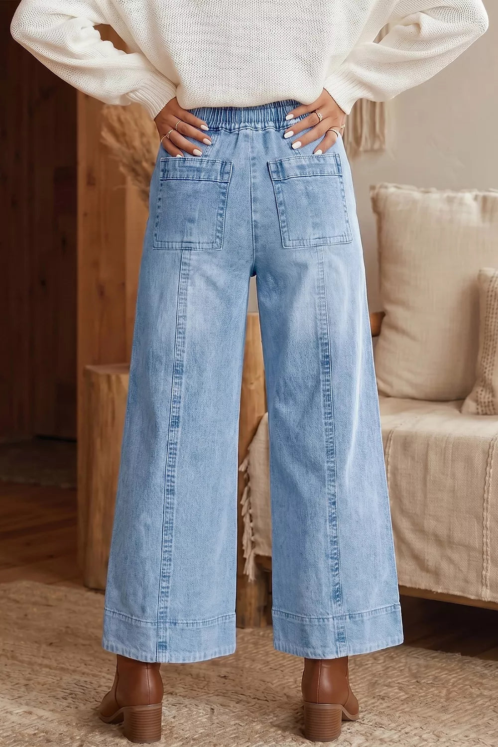 Drawstring Waist Wide Leg Ankle Length Jeans