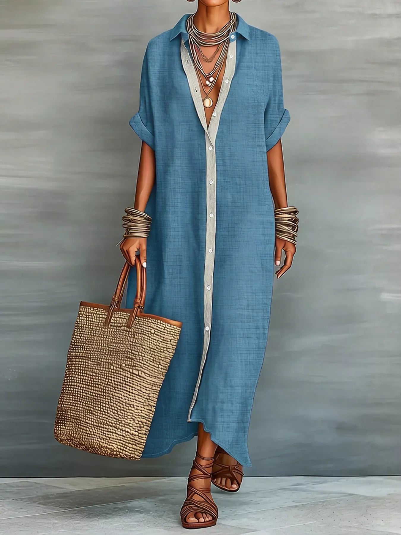 Casual Linen Shirt Dress with Button-Down Front