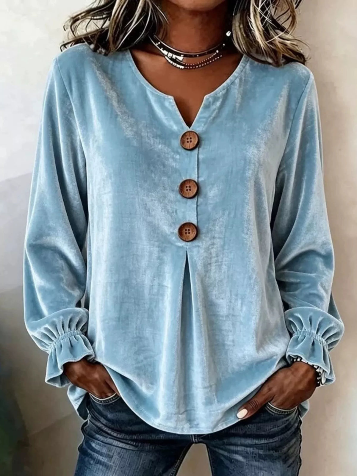 Velvet Flounce Sleeve Blouse