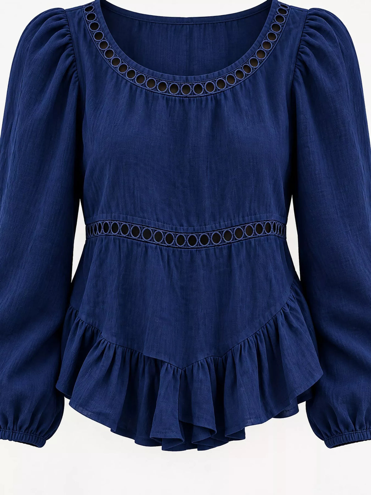 Long Sleeve Blouse with Eyelet Lace Trim and Ruffled Hem