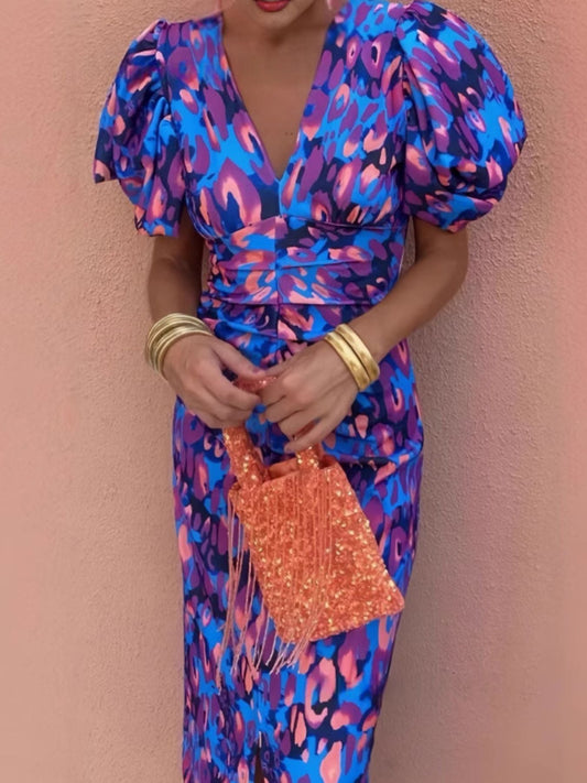 Full Size V-Neck Puff Sleeve Midi Dress Plus Size