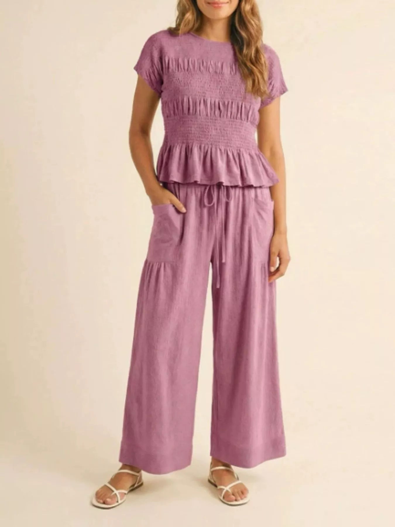 Smocked Peplum Top and Wide-Leg Pants Set
