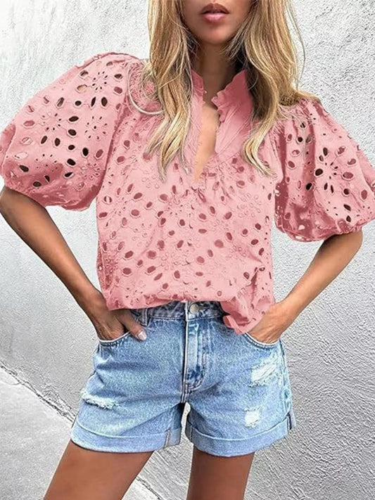 Eyelet Embroidered Puff Sleeve Blouse