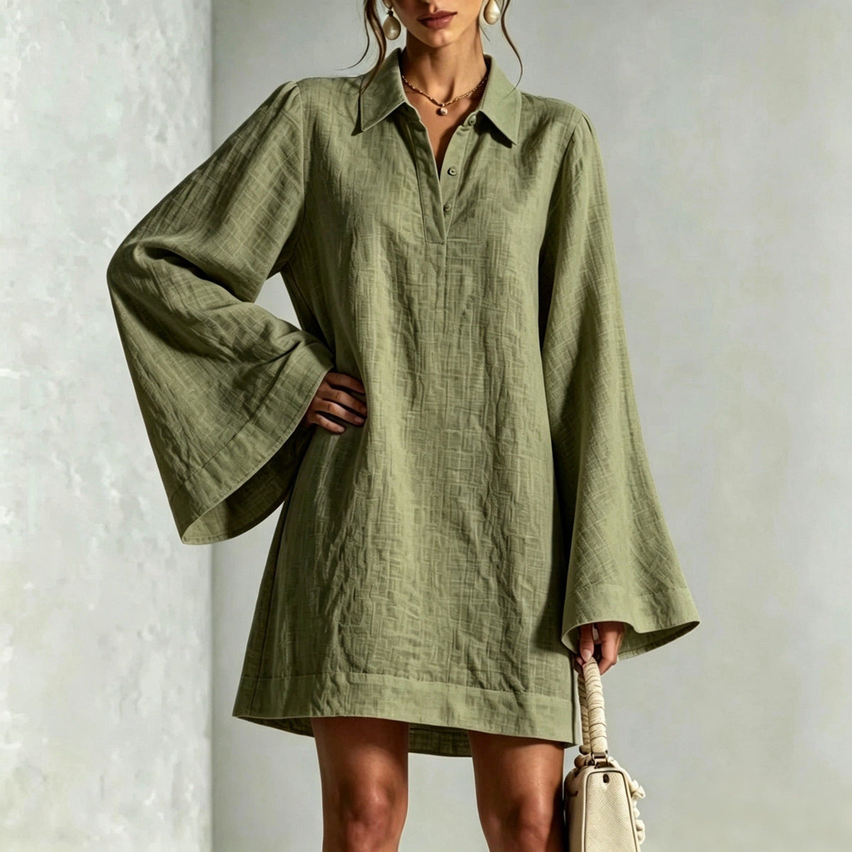 Women's Lapel Collar Flared Sleeve A-Line Midi Dress