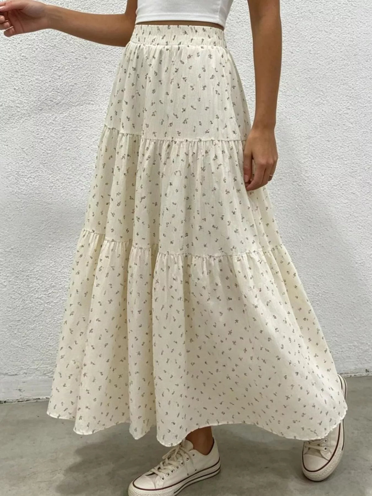 Floral Print Tiered Flowy Maxi Skirt