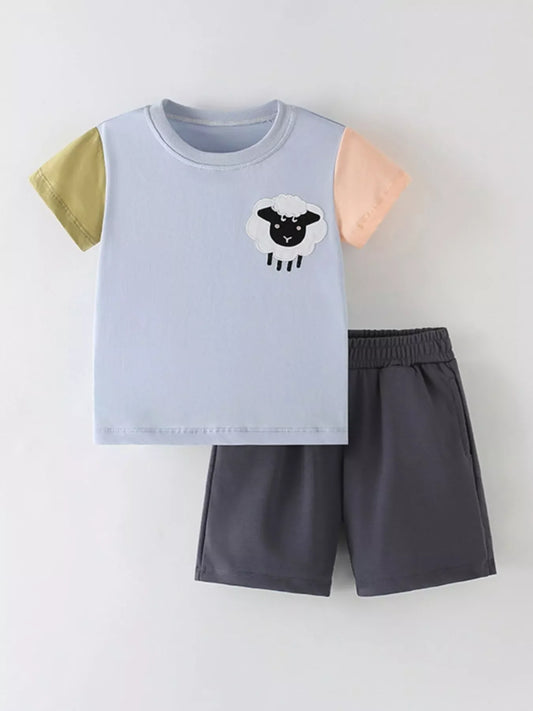 Children's Sheep Color Block Tee and Shorts Set