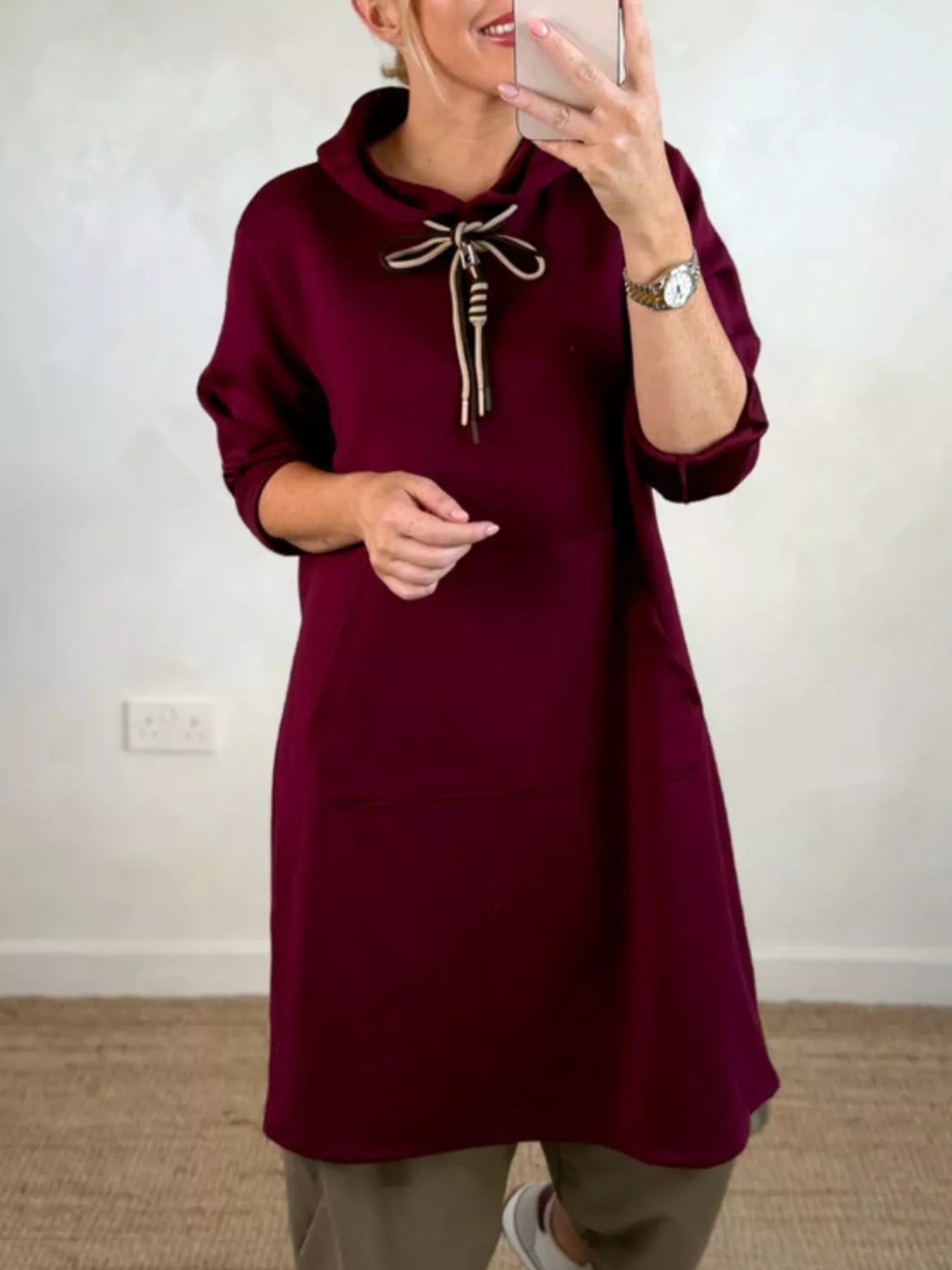 Full Size Casual Drawstring Hooded Sweatshirt Dress Plus Size
