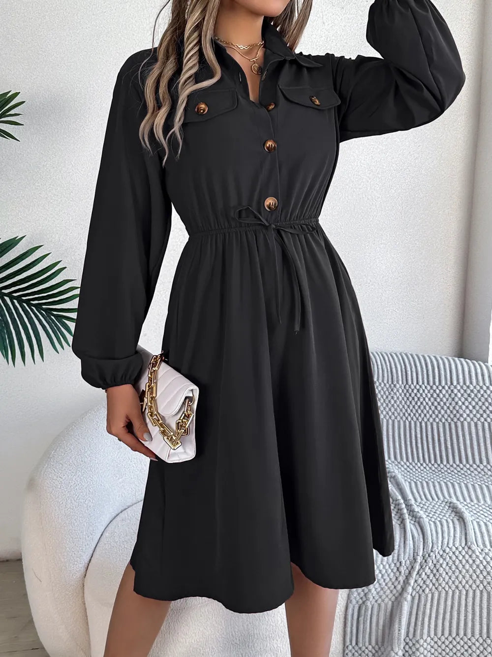 Collared Neck Long Sleeve Dress with Pockets