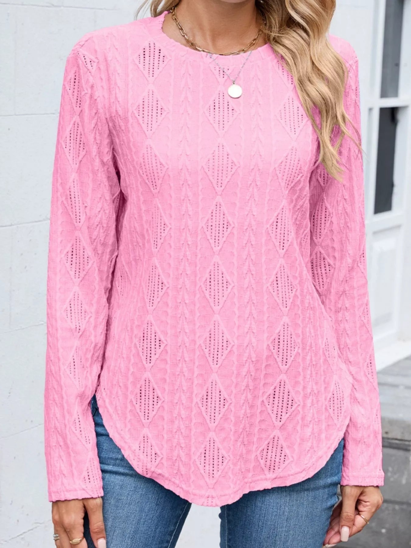 Textured Diamond Knit Long Sleeve T-Shirt