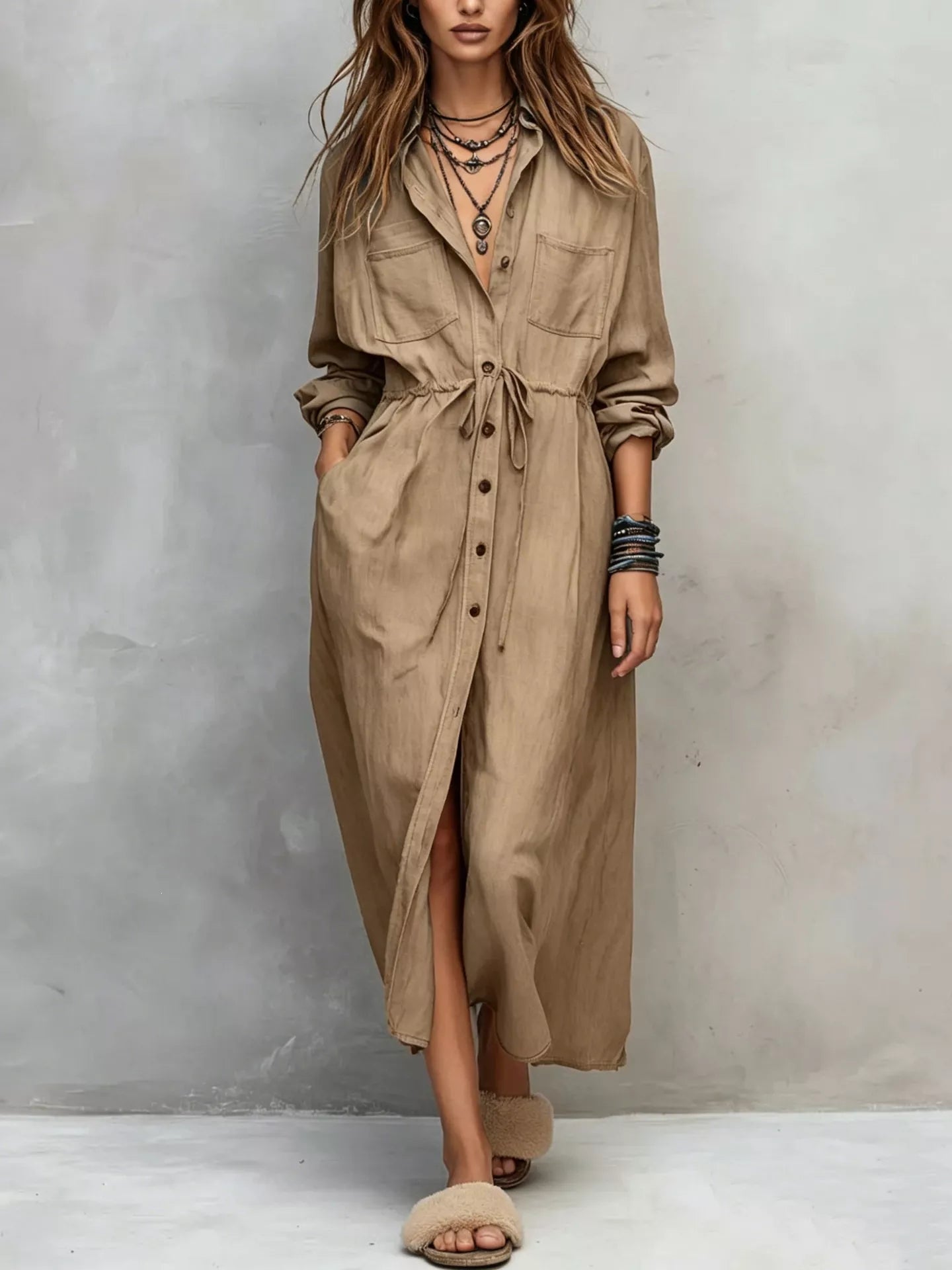 Full Size Button Front Long Sleeve Shirt Dress Plus Size
