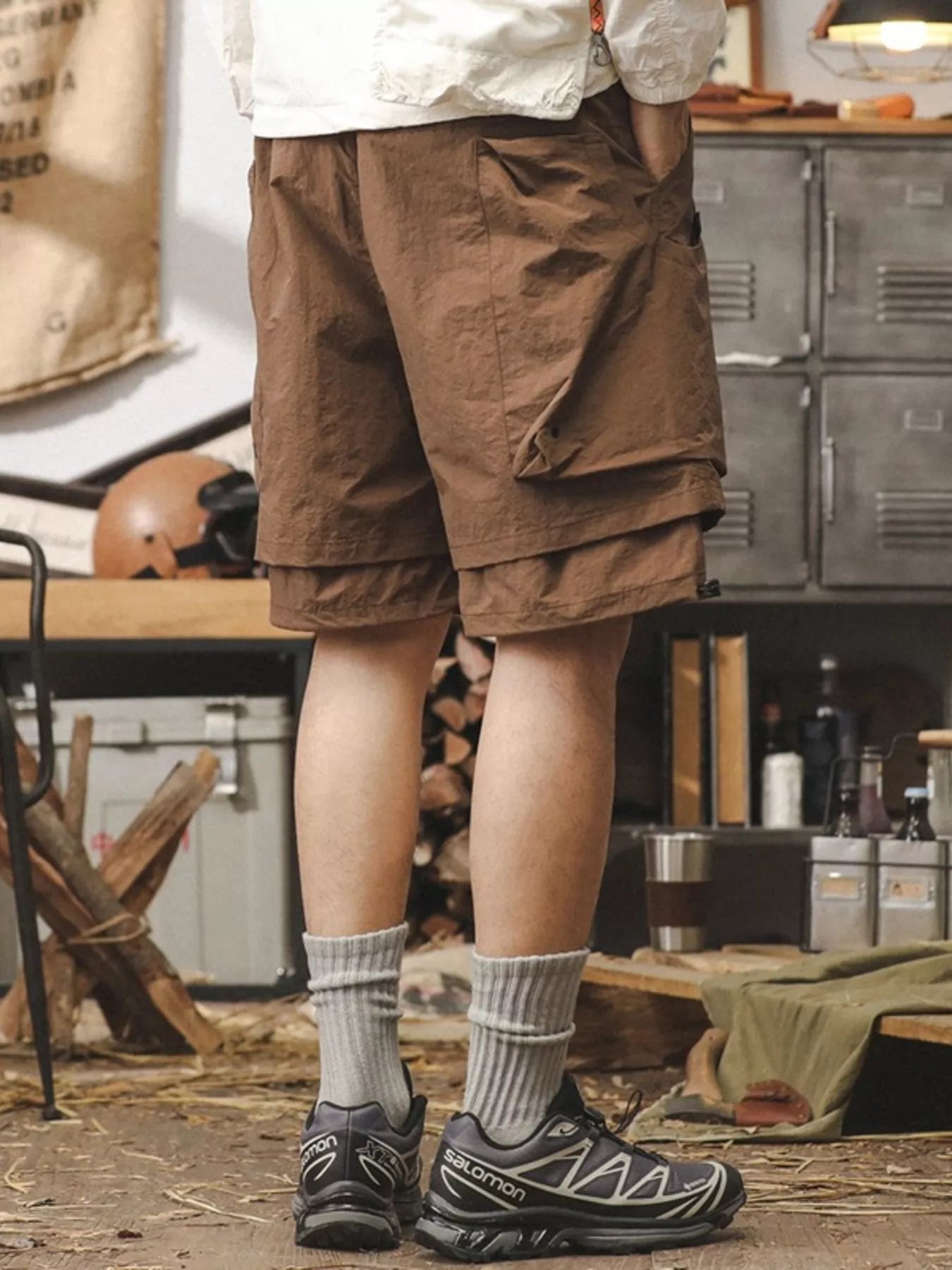 Men's Plus Size Multiple Pocket Layered Cargo Shorts with Drawstring Hem