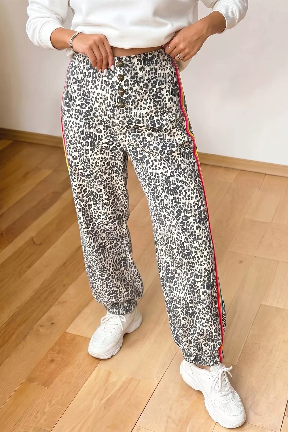 Leopard Print Rainbow Striped Detail Buttoned Loose Jogger Jeans