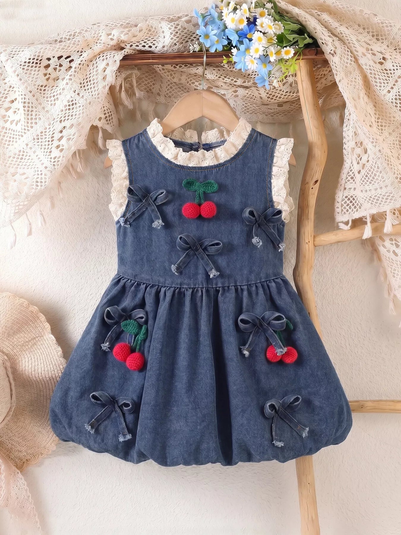Children's Denim Cherry Applique Dress with Lace Trim