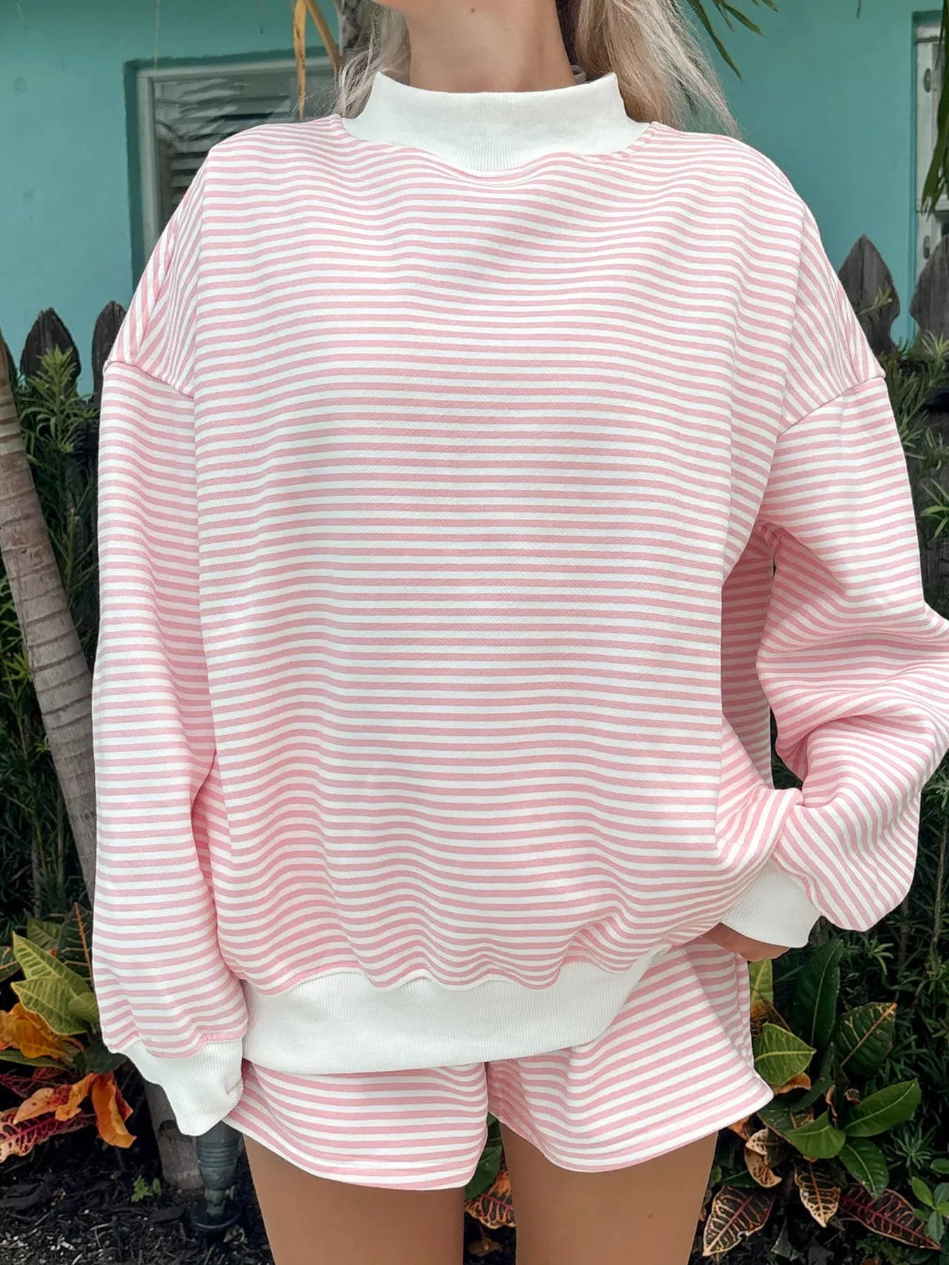 Striped Mock Neck Sweatshirt and Shorts Set