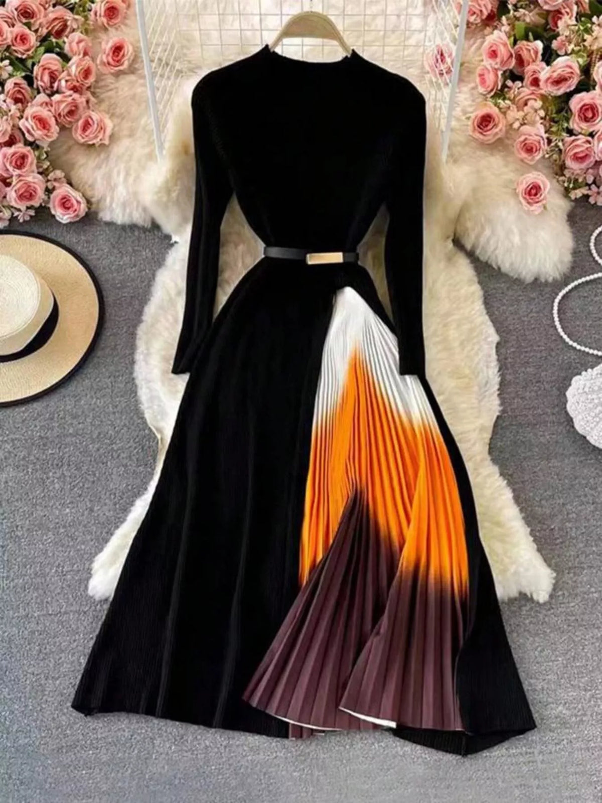 Long-Sleeve Pleated Gradient Hem Dress
