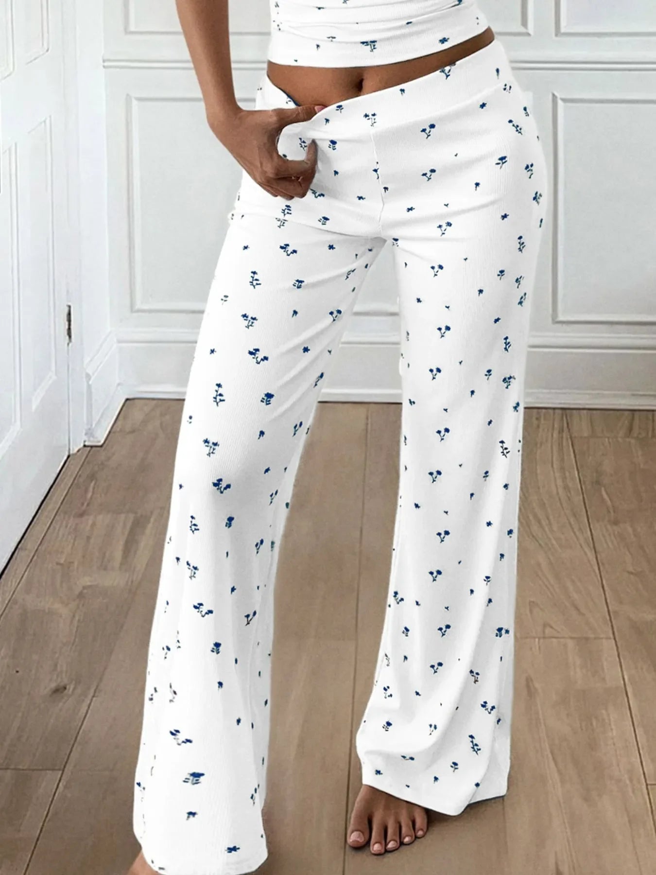 Floral Ribbed Cami and Wide Leg Pants Set