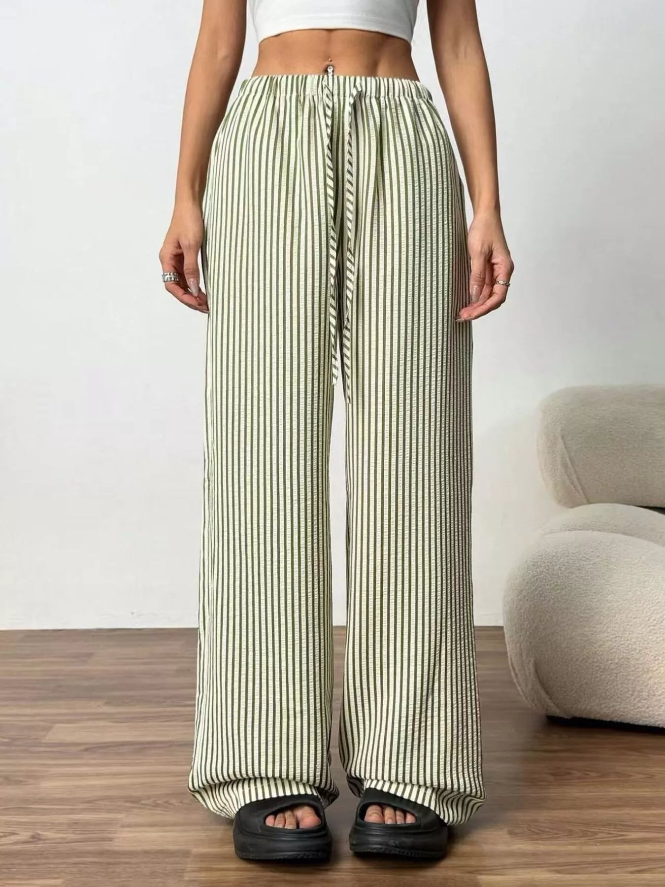 Full Size Striped Drawstring Waist Wide Leg Pants Plus Size