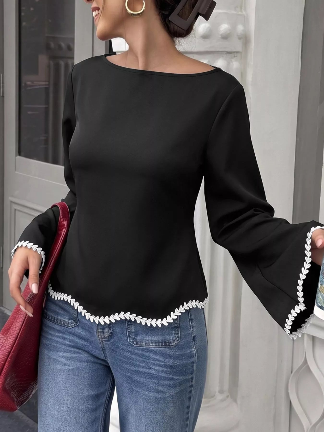Contrast Trim Flare Sleeve Blouse